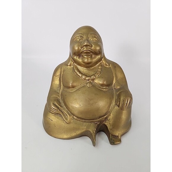 Buddha Sitting 4" Hollow Brass Laughing Joy Good Luck Fortune Decorative Figure - Picture 1 of 9